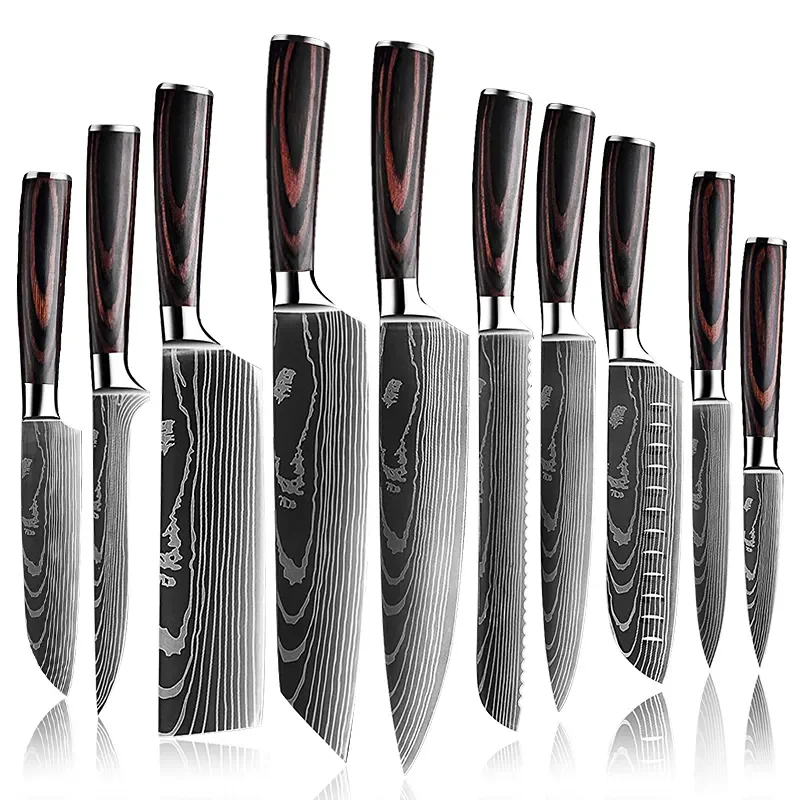 

Hot Selling 10 Pieces Stainless Steel Damascus Laser Pattern Knife Set With Wooden Handle