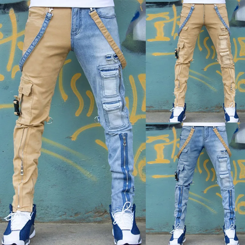 

2021 New Color Matching Men Jeans Fashion Slim Straight Pants Casual Zipper Custom Logo Plus Size Men Jeans, Pictures