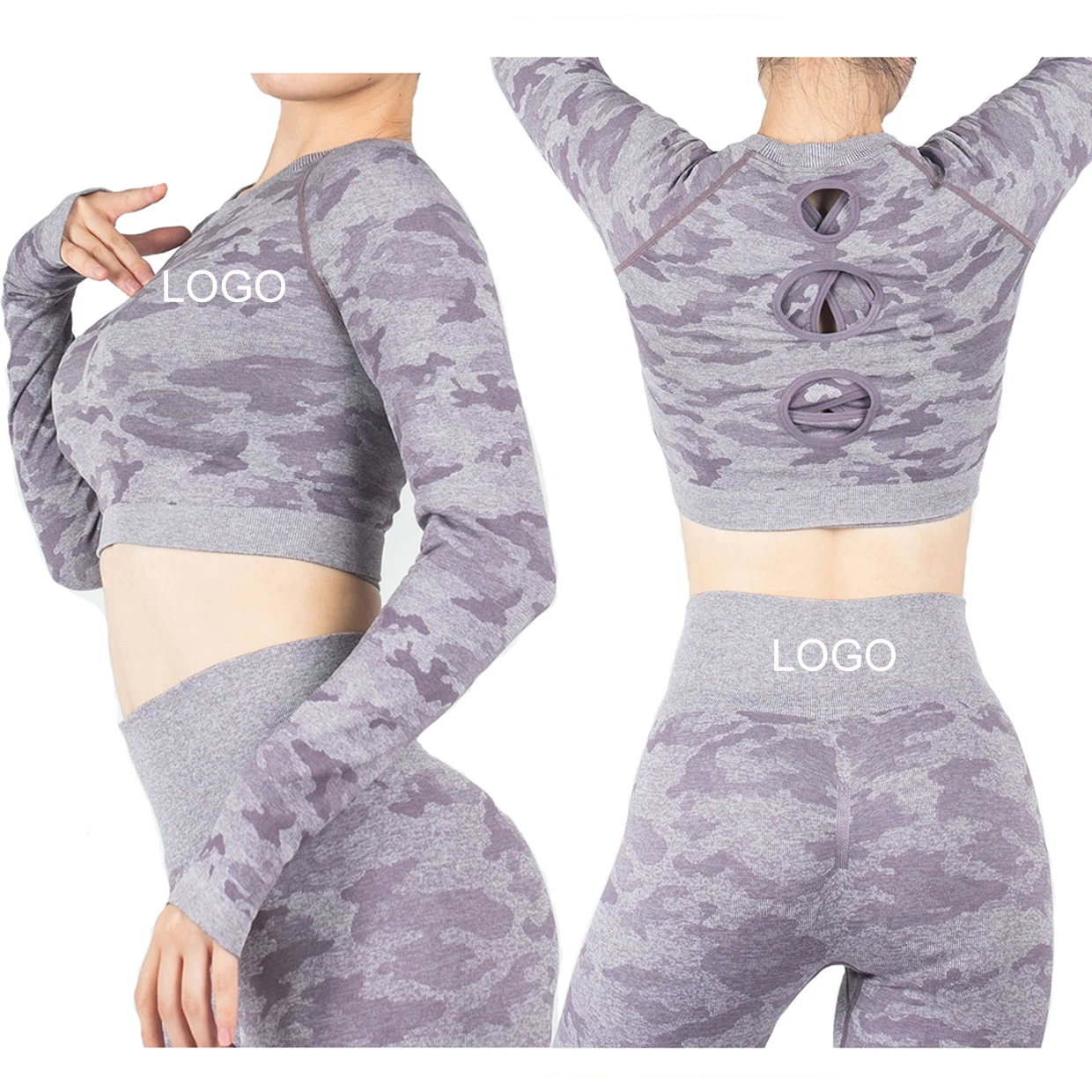 

Camouflage Long Sleeve Top High Waist Yoga Shorts Leggings Tummy Control Womens Fitness Yoga Set