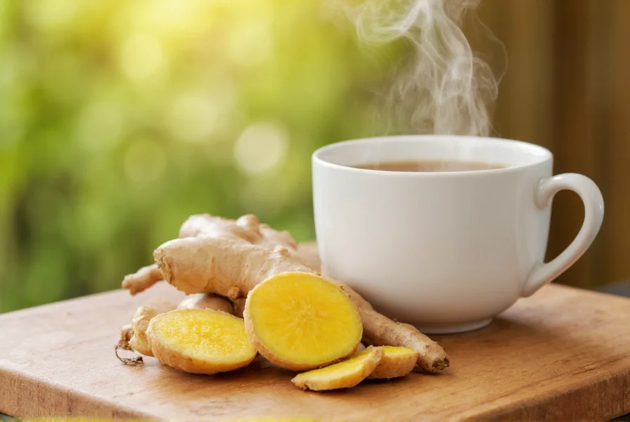 Fresh ginger root sliced with steam rising from a teacup showing natural nausea remedy