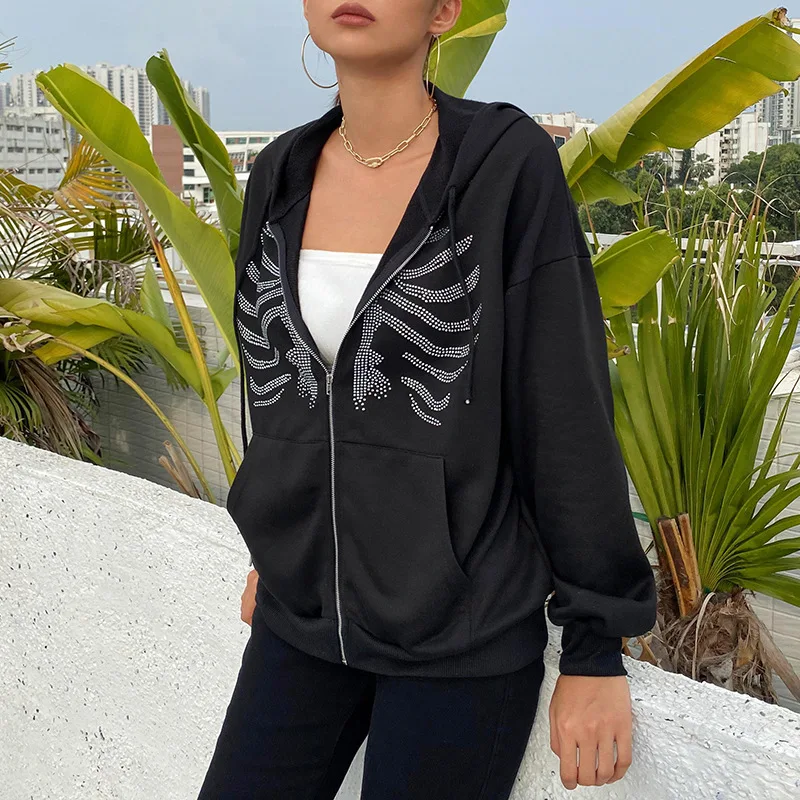 

Streetwear Y2K Hoodie Skeleton Long-sleeved women's casual coat Black Zip Up Pullovers Autumn Winter Dark Loose Woman Clothes