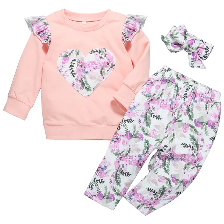 

Heart-shaped flying sleeve top floral trousers newborn baby suit