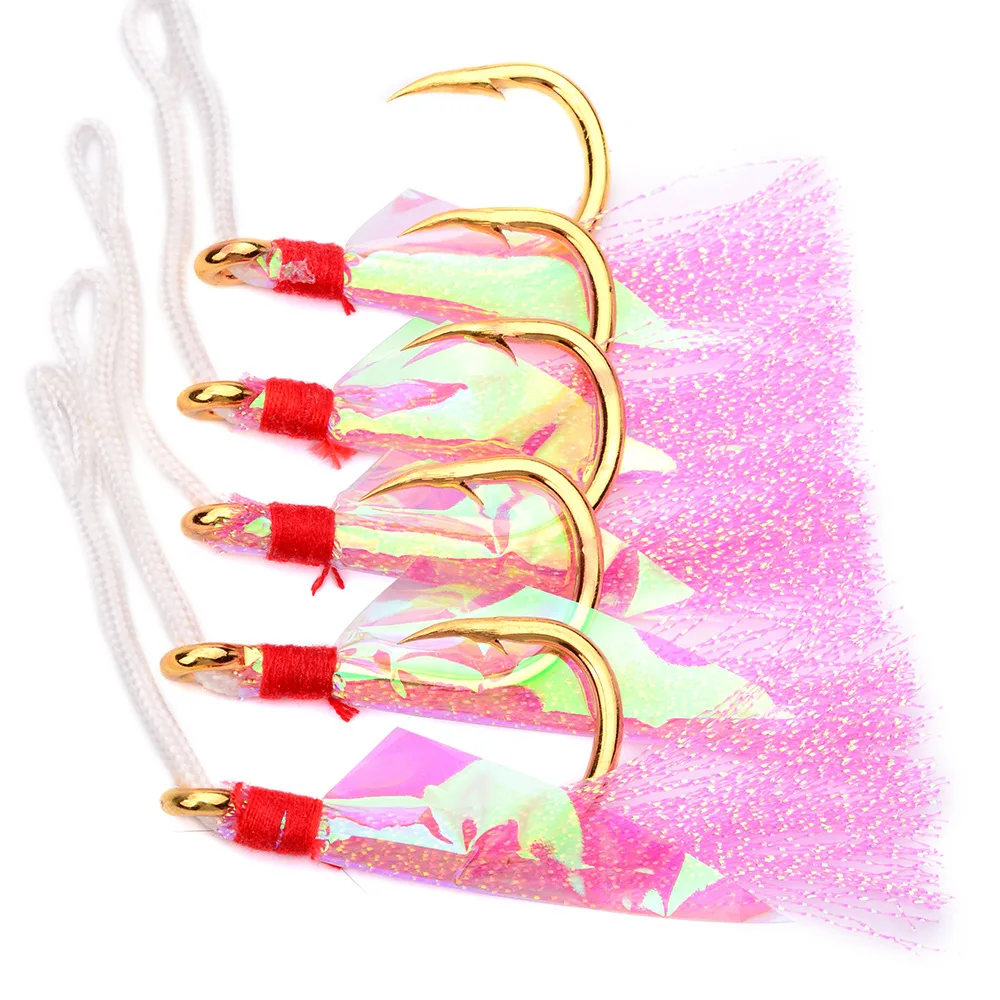 

5 pcs Blood Slot Barbed High Carbon Steel Fish Hooks with Feather #1 #3 #5 #9 Freshwater Saltwater Jig Hooks Fishing Hooks