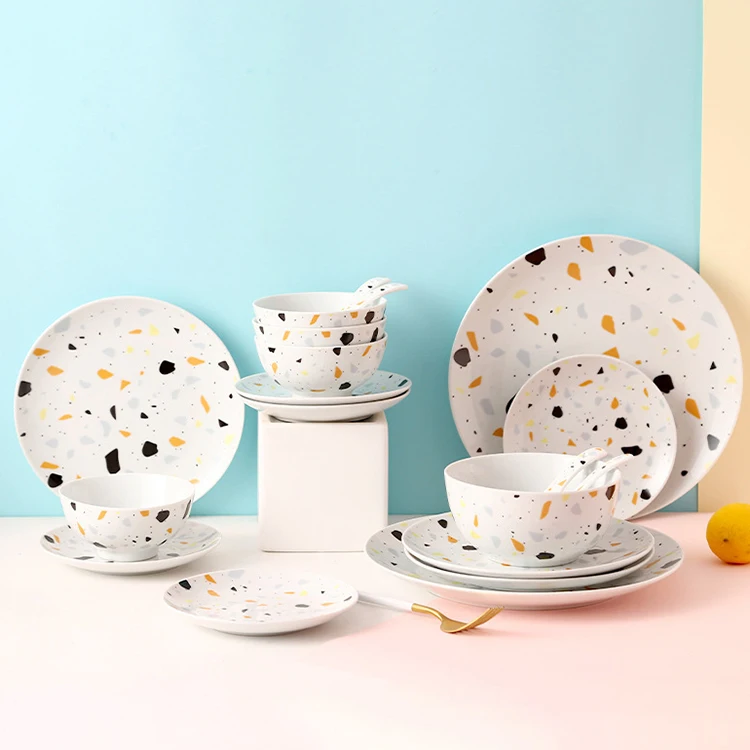 

Wholesale terrazzo plate dinnerware salad bowl ceramic pasta dinner plates sets 16 pcs modern ceramic dinner set for restaurant, As picture