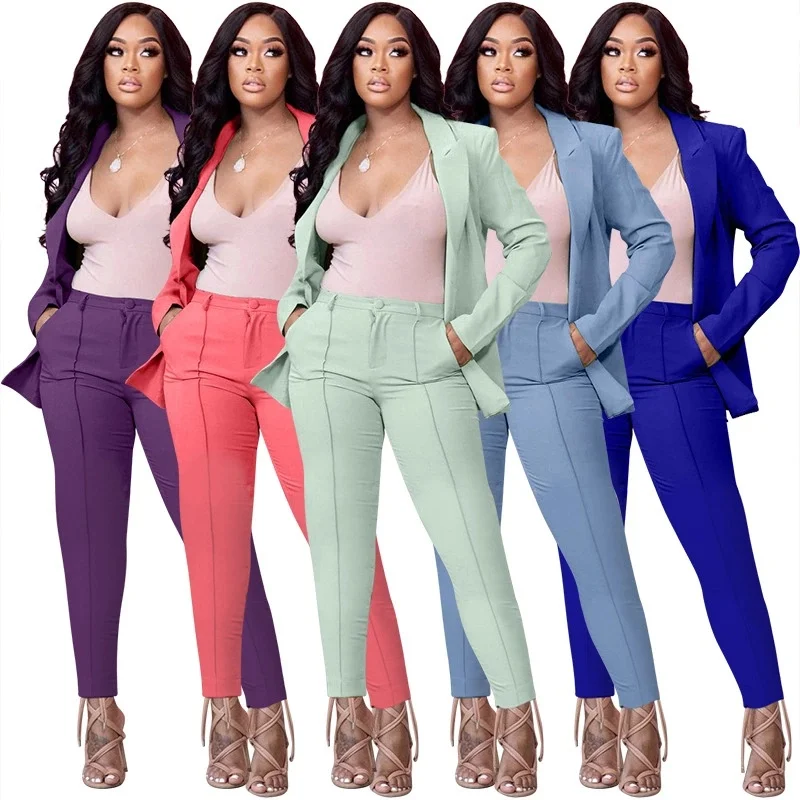 

Trendy 2021 Fall Dresses Candy Color Long Sleeve Ladies Tops With Formal Pants Women Pants Suit Business Suits Two Piece Set