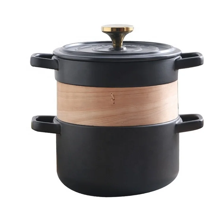

Household casserole ceramic soup pot with steamer and steamer, Black