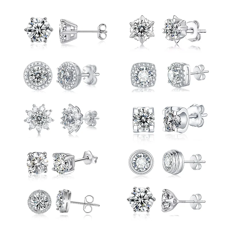 DEF VVS Claw Set halo Classic Moissanite Studs Round Cut Loose Gemstones S925 Sterling Silver Ladies Moissanite Earrings
