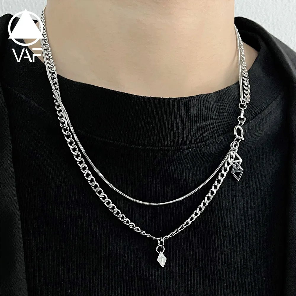 VAF New Design Men 53CM Rhombus Cross Pendant Double Necklace Stainless Steel Necklace