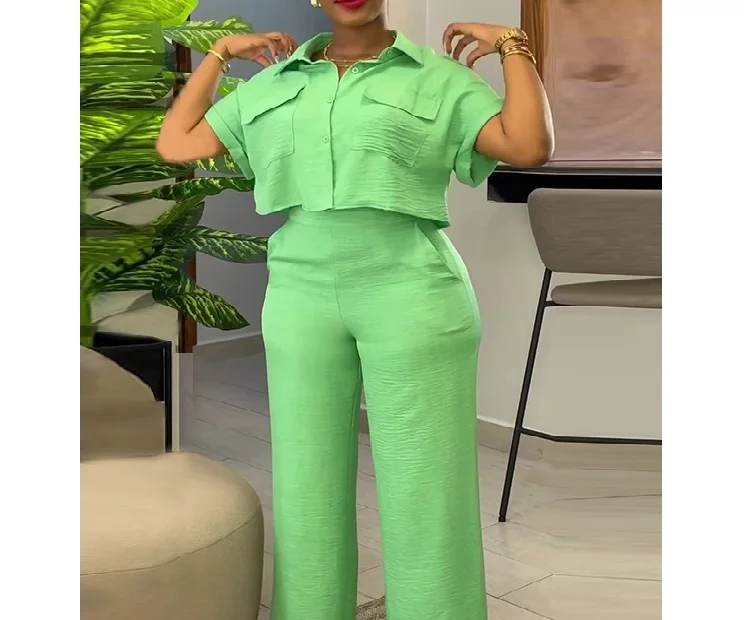 

Casual Office Suits Solid Colors Short Sleeve T Shirts Women Loose Pants Sets