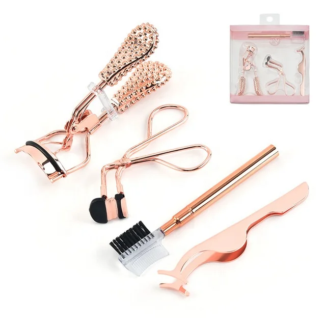 

BEAU FLY Private Label 4pcs Stainless Steel Eyelash Curler Rose Gold Eyelash Applicator Eyebrow Tweezers Set, Rose gold, black