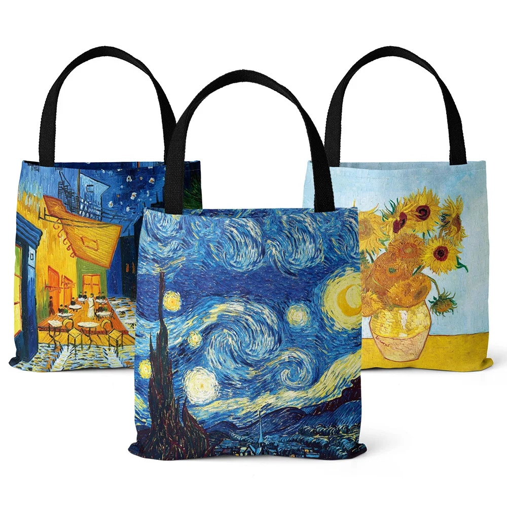 

Wholesale Fashion Women Polyester Canvas Vincent Van Gogh Starry Night Sunflowers Digital Print Beach Handbag Tote Shoulder Bag, 5 choices