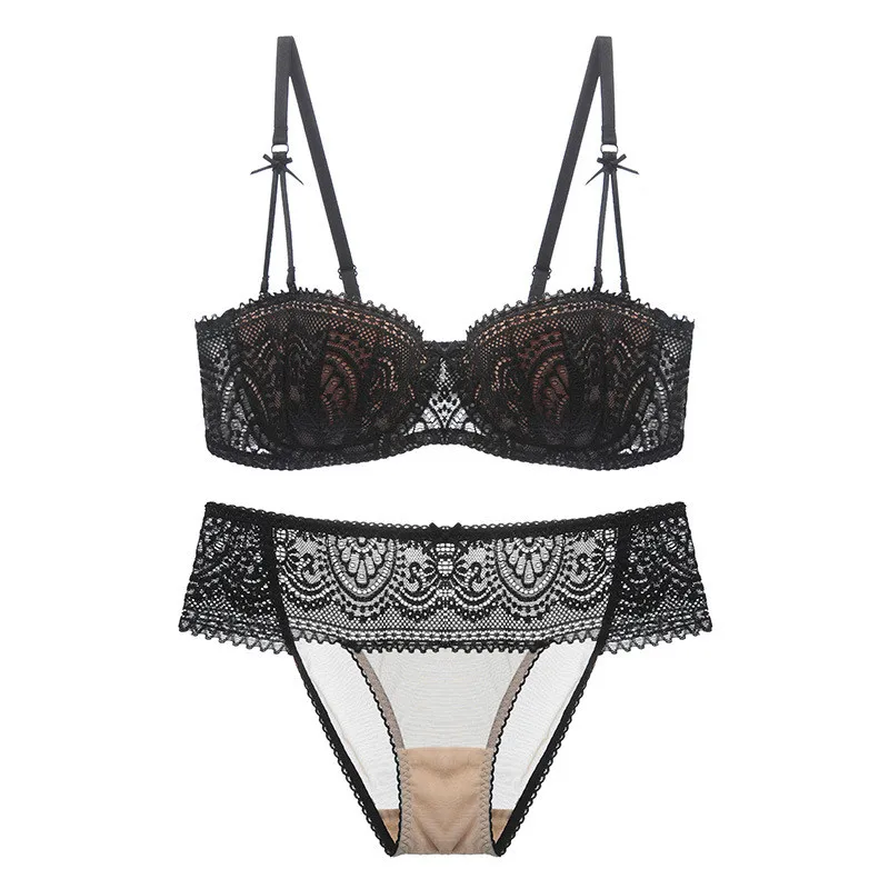

2Pcs Women Sexy Half Cup Ultra-Thin Lace Bra+Panty Underwear Set