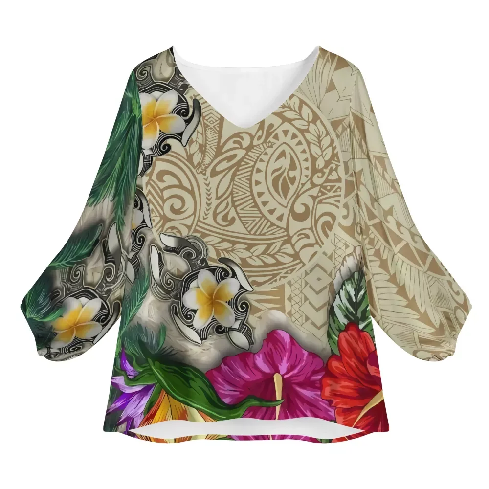 

Summer Clothing Hawaii Style Polynesian Tribal sea turtle Print No Minimum Plumeria Loose Long Sleeves Women Blouses And Tops, Customized color