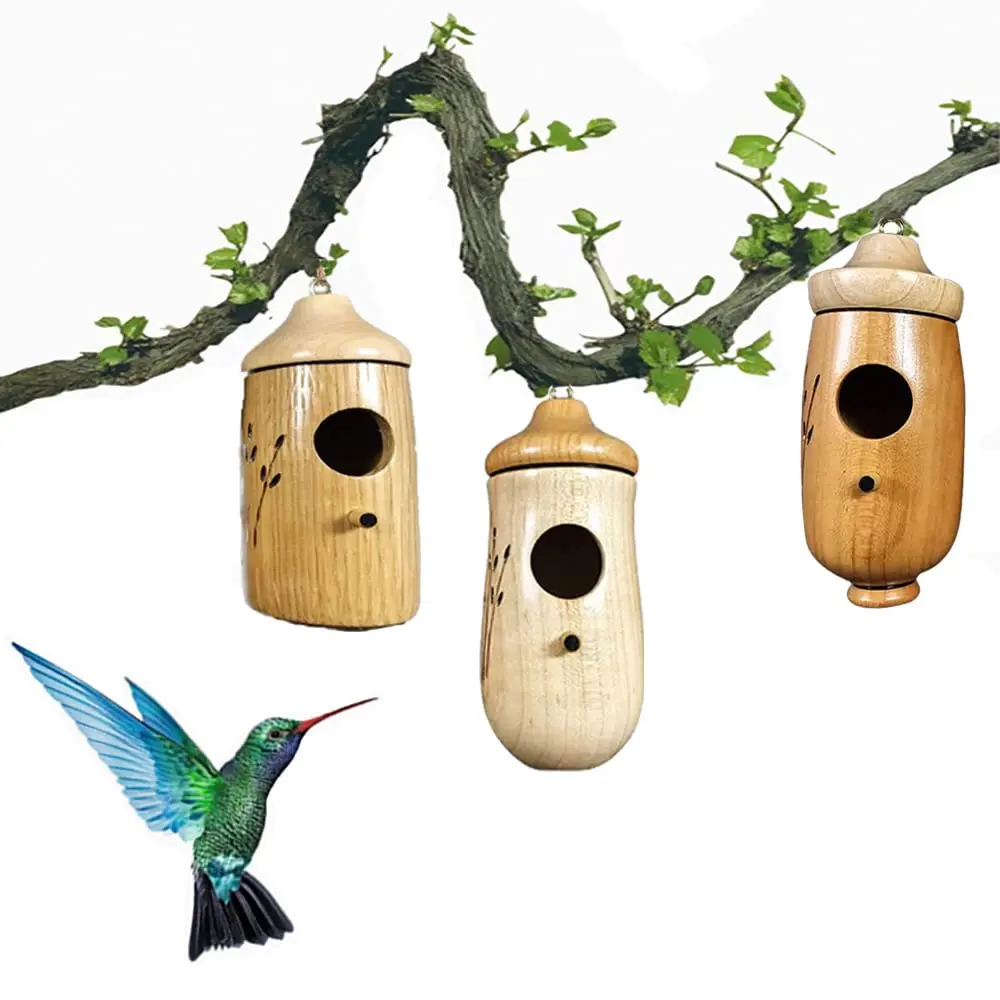 

2022 New Hanging Wooden Hummingbird House Finch Houses Outside Garden Hanging Swing Hummingbird Nest Hanging Hummingbird House