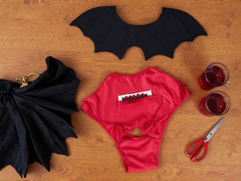 DIY vampire costume materials on wooden table