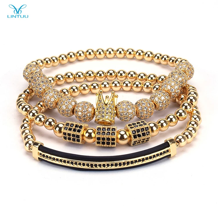 

Hot Sale Jewelry 3PCS Luxury Stainless Steel Roman Number Bangle Braided CZ gold Crown Charm Bracelet Set