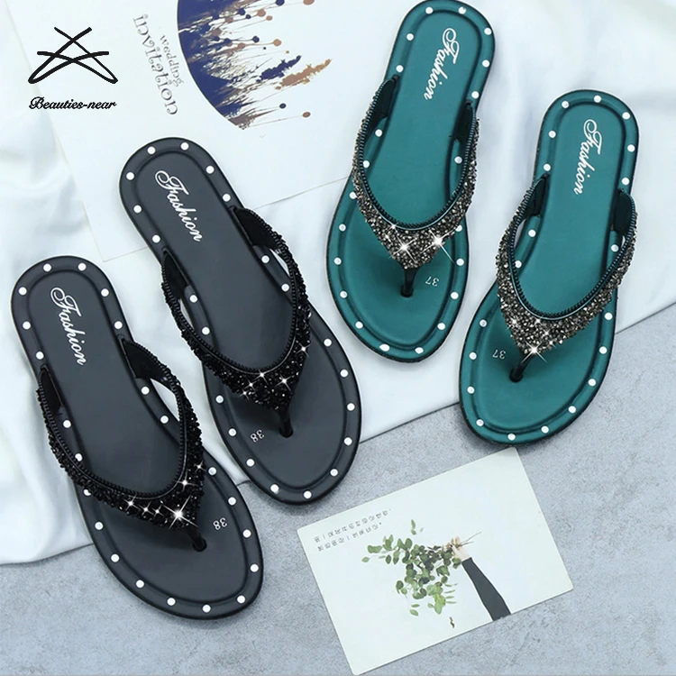 

Fashion women rhinestone diamond shiny bling summer soft flat slipper lady slides flip flop shoes, Green,black