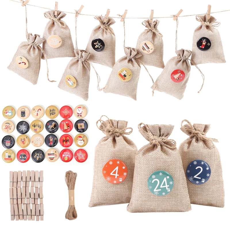 

Ready to Ship 10*14cm Burlap Gift Bags 5 different Badge Christmas Gift Pouches Badge Numbers Christmas 24 Days Jute Bags