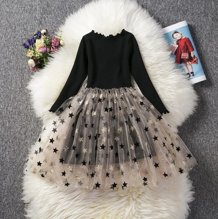 

Custom New Style Girl 2-Piece Suit Clothing knitting Long Sleeve And Star Sequin Tulle Dress, Black