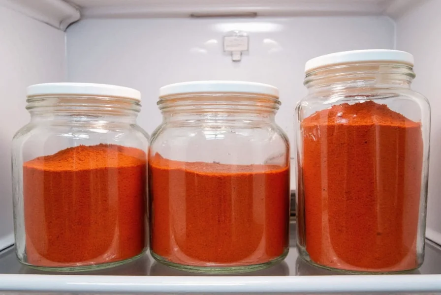 Proper storage containers for gochugaru chili powder showing airtight glass jars in refrigerator