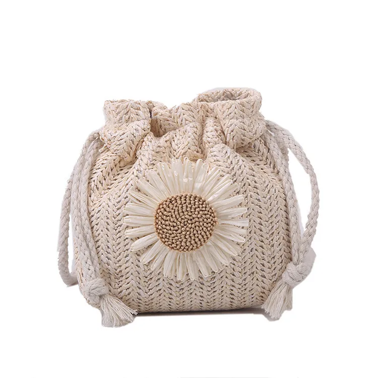 

Women's Bag Summer Beach Straw Bags Classic Texture Sunflower Drawstring Woven Bucket Crossbody Shoulder Straw Bag, Customized color