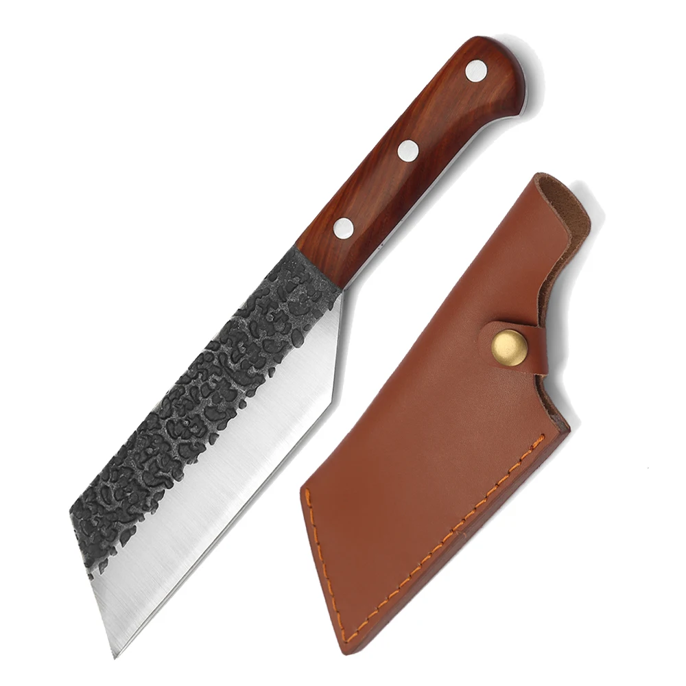 

Full Tang Durable Red Wood Handle Nonstick Blade Portable Meat Knives Sharp Meat Chopper Hammered Knife With Leather Sheath