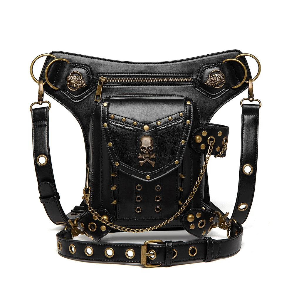 

New fashions skull rivet slanting cross motorcycle bolsos bolsas sacoche homme shoulder waist purse pack bag