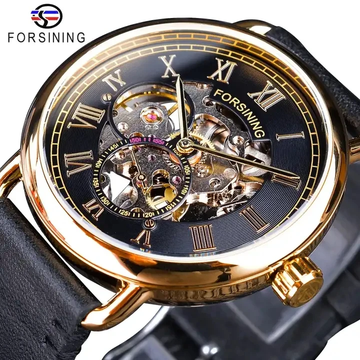 Forsining New Classic Black Golden Openwork Watches Mens Mechanical Top New Luxury Black Genuine Leather Wristwatches Gift