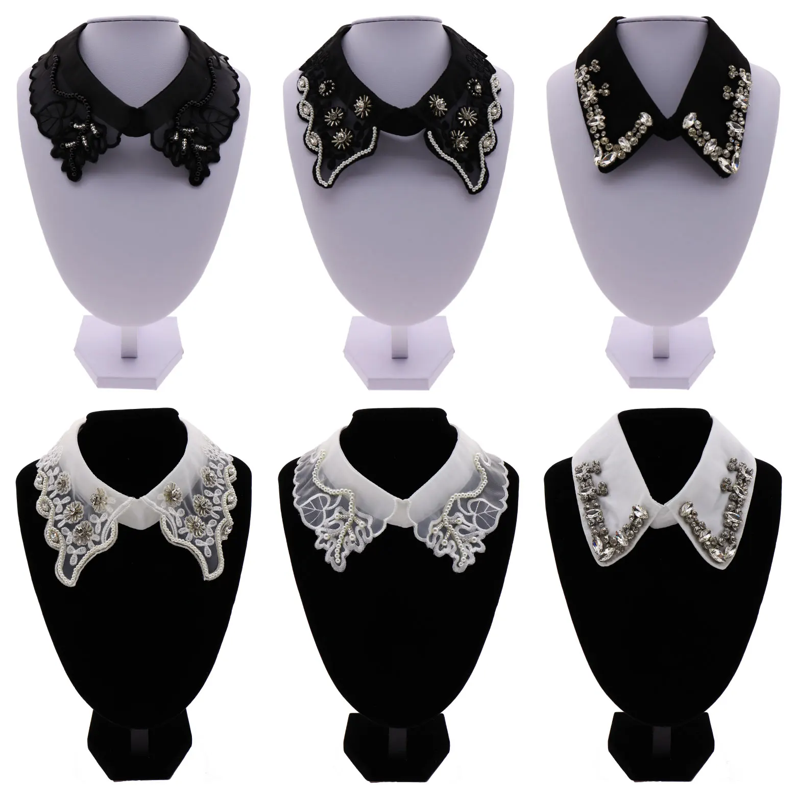 

Didamao White Black Rhinestone Crystal Beaded Women Detachable False Collar, Black, white and customized