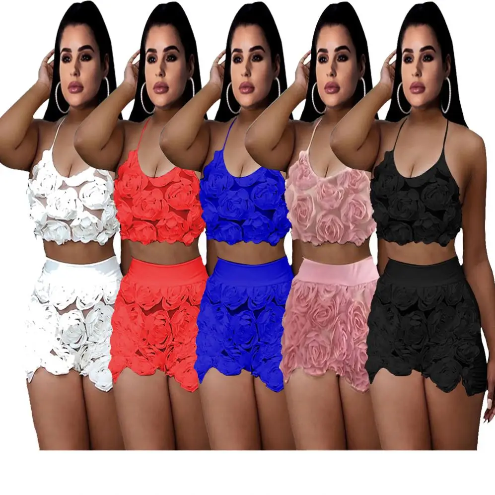 

Wholesale Summer Flowers Decoration Halter Crop Top And Hot Shorts Two Piece Short Casual Women Set, As photo showed