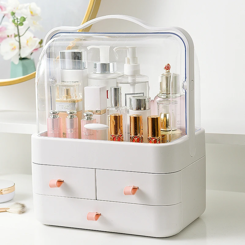 

Cosmetic storage box with mirror cosmetics organizer for, Sky grey, pretty pink, ivory white