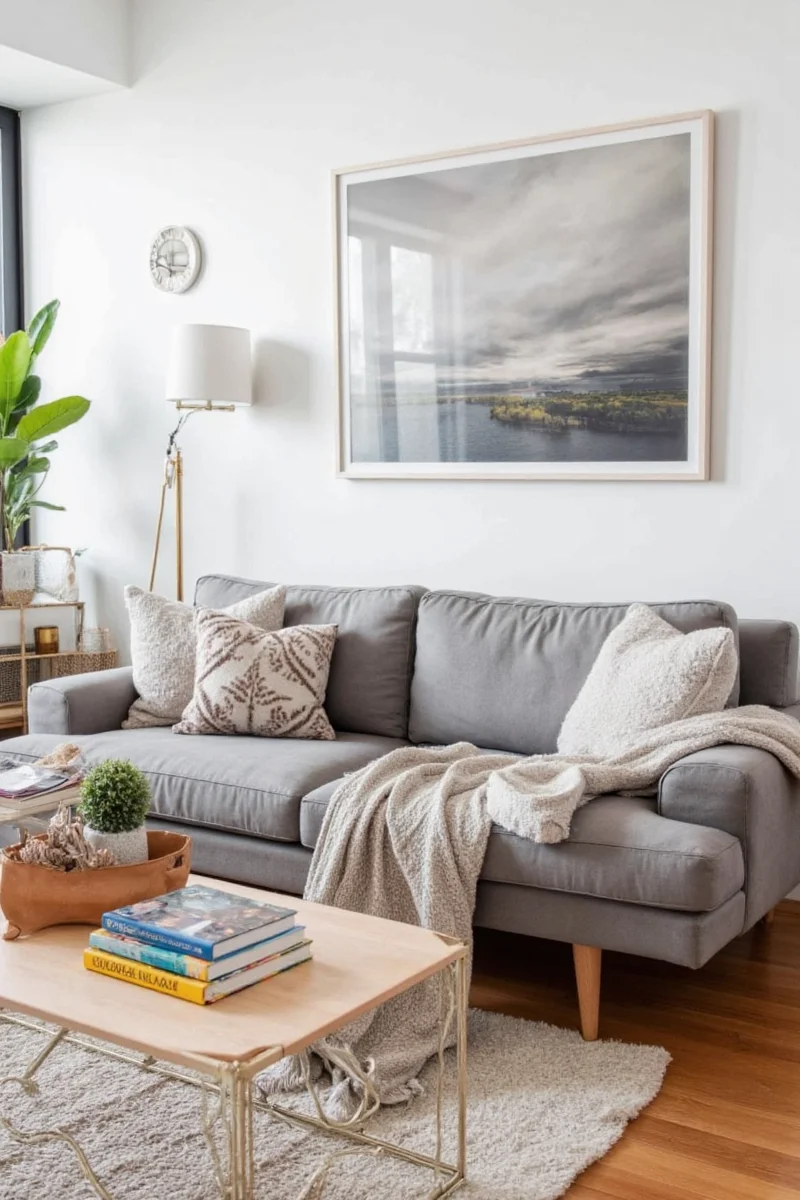 Family photos and children's artwork displayed in a flat living room