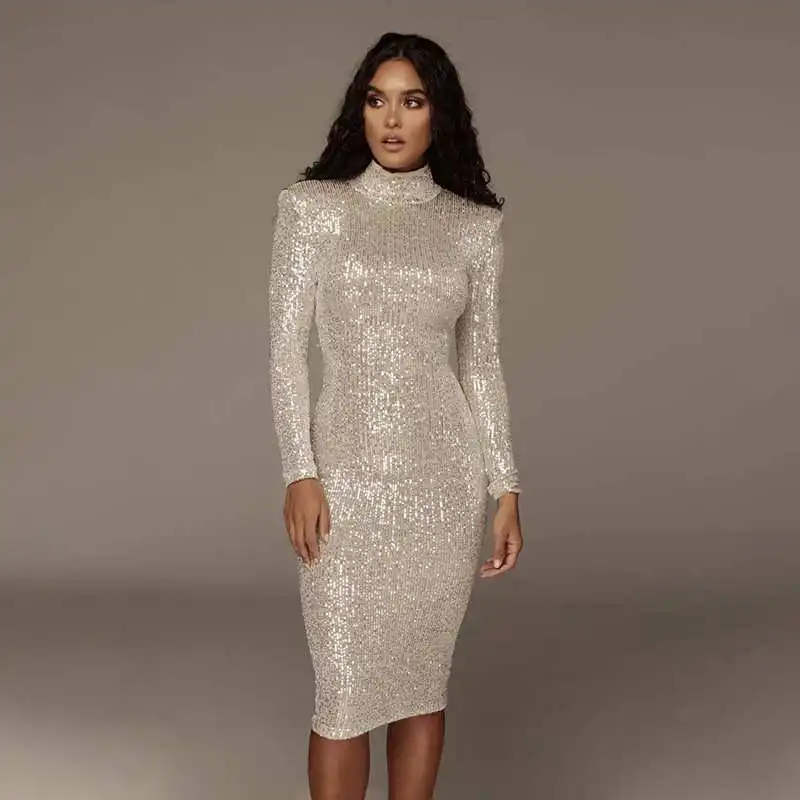 

Long sleeve turtle neck bodycon sequin casual midi dress for winter