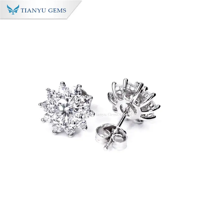 

Tianyu gems simple jewelry 0.5 carat moissanite 18k white gold plated sterling 925 silver sunflower stud earrings