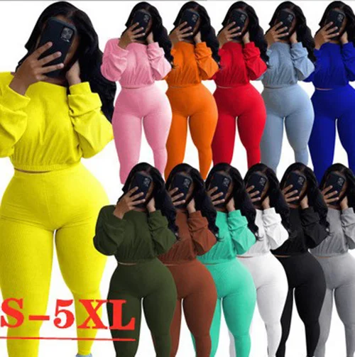 

Go Party 2021 spring women clothing dress 2pcsTracksuit Rib Long Sleeve Tops And Pants sexy plus size women clothing