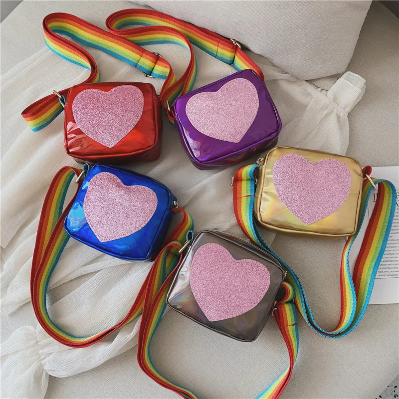 

2022 Fashion Small Girls Handbag Toddler Crossbody Bag with Rainbow Belt Children One-shoulder Sequin Heart Cute Purse Bag