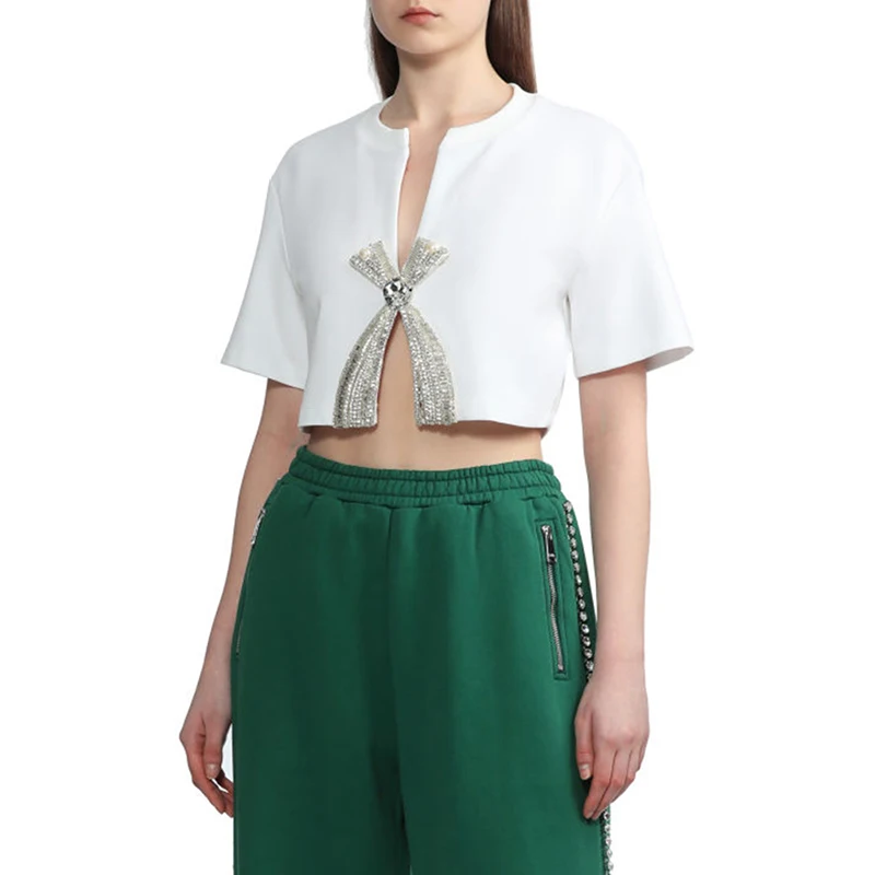 TWOTWINSTYLE Soild Patchwork Diamonds Women's T Shirts Short Sleeve Slimming Casual Short Tops for Women