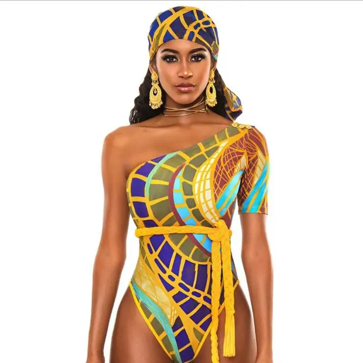 Huanwei 2020 New Bikini Sexy Totem Digital Printing Shoulder Swimwear Women One Piece Swimsuit