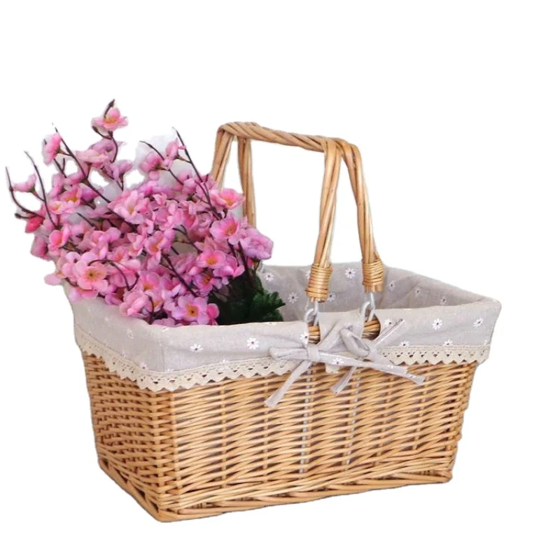 

Wicker Picnic Basket Wicker Easter Basket Willow Country Picnic Basket Bath Toy and Kids Toy Storage with Liner and Folded Hand, Customize color