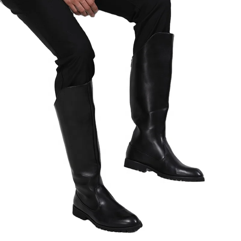

Black men long boots leather back zipper long boots for men