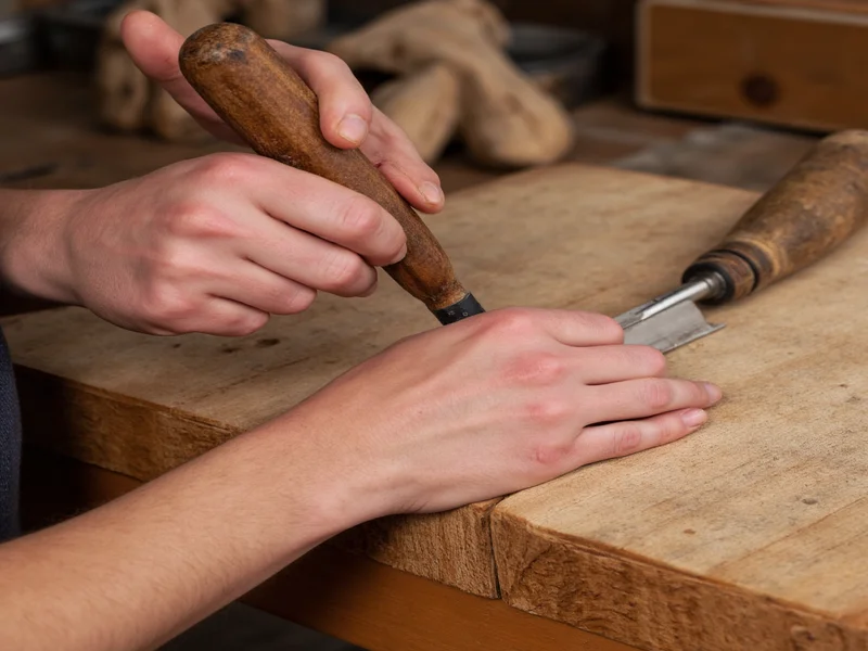 Close-up of hands carving reclaimed wood into functional furniture