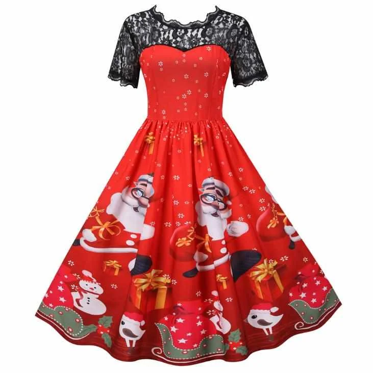 

2020 Christmas lace short sleeve patchwork skirt Womens sexy print dress