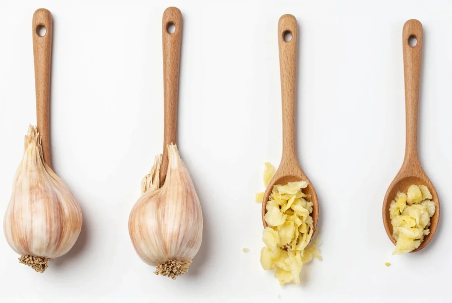 Garlic cloves next to measuring spoons showing conversion