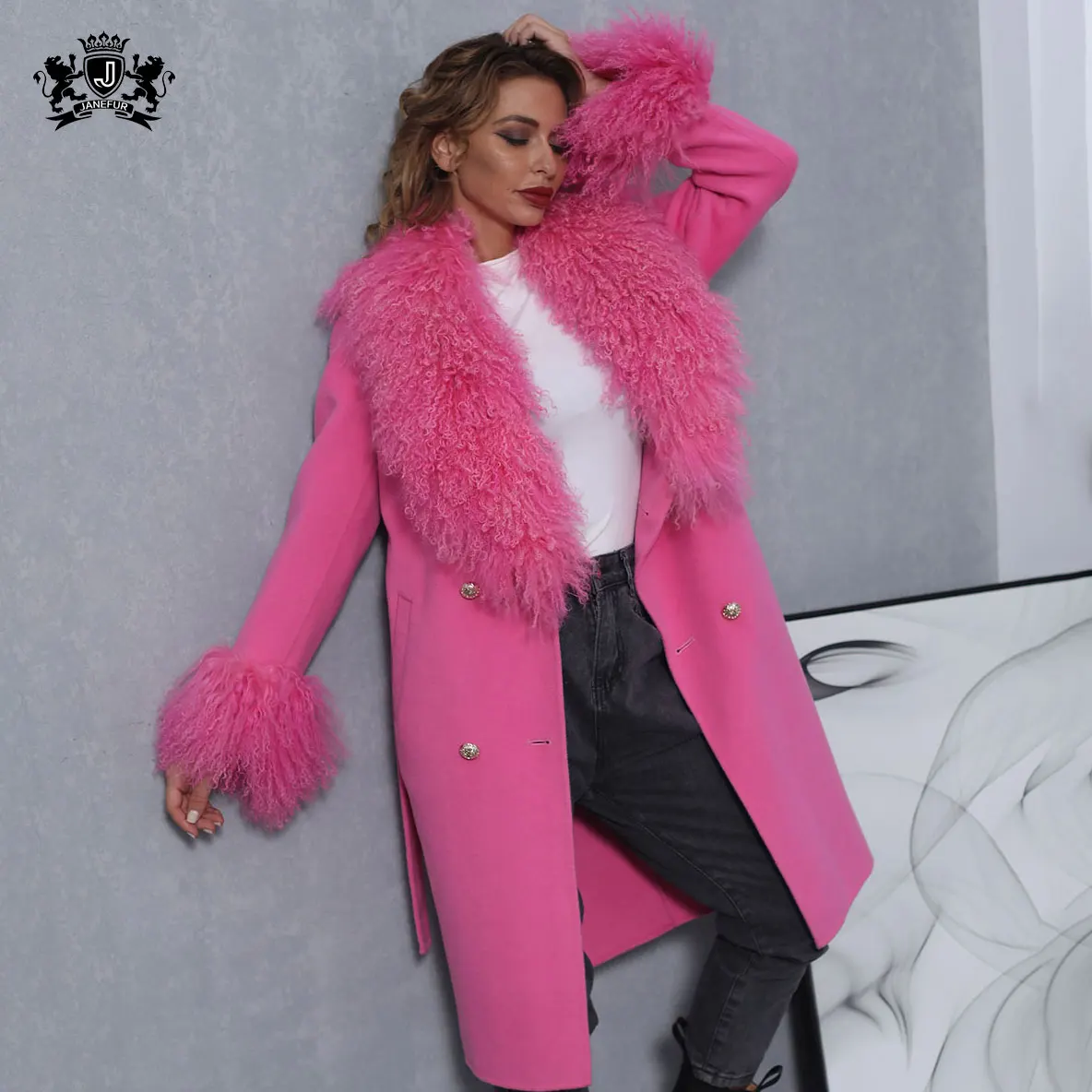 

Janefur Ladies Vintage Winter Real Fur Cashmere Trench Coat Long Style Women Wool Fur Coat, Customized color