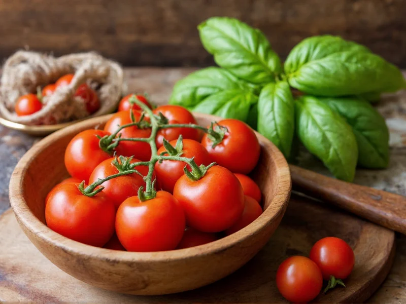 Fresh tomatoes and basil in wooden bowl
