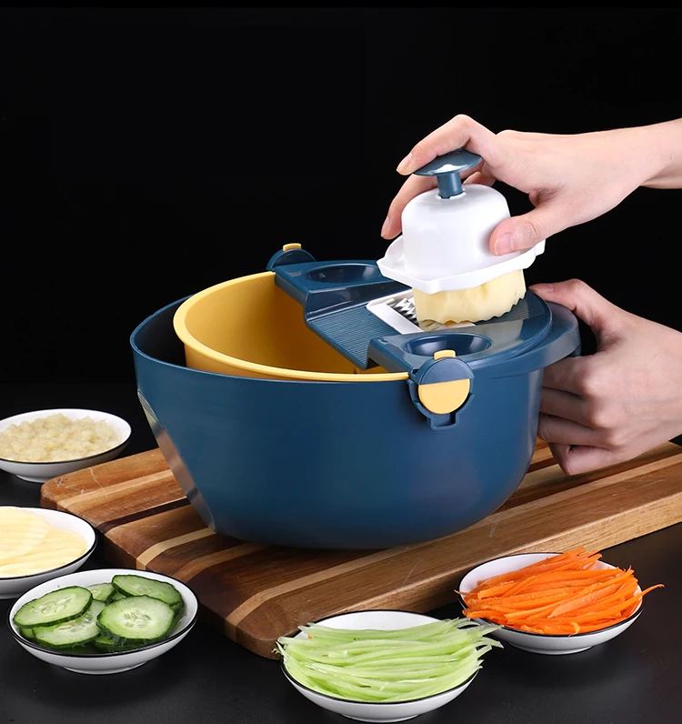 

9 in 1 Multifunction Vegetable Chopper Slicer Full Set Of Fruit And Vegetable Double Plastic Drain Basket Grater, Impact color design