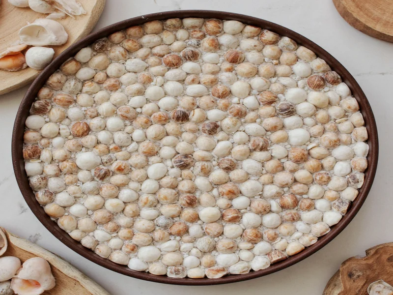 Close-up of shell mosaic artwork on wooden tray