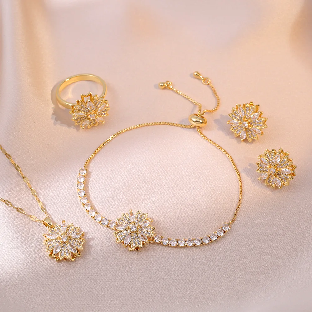 

Hot Selling Zircon Necklace Earrings Ring Bracelet Set Fidget Spinner Jewelry Set Rotatable Flower Jewelry Set For Women