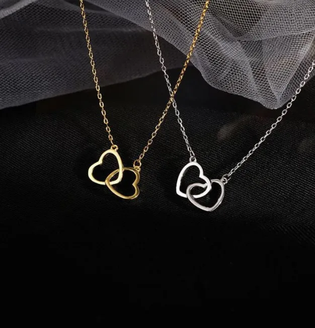 

SC Trendy Women Gold Plated Stainless Steel Necklace Temperament Interlocking Double Heart Choker Pendant Necklace