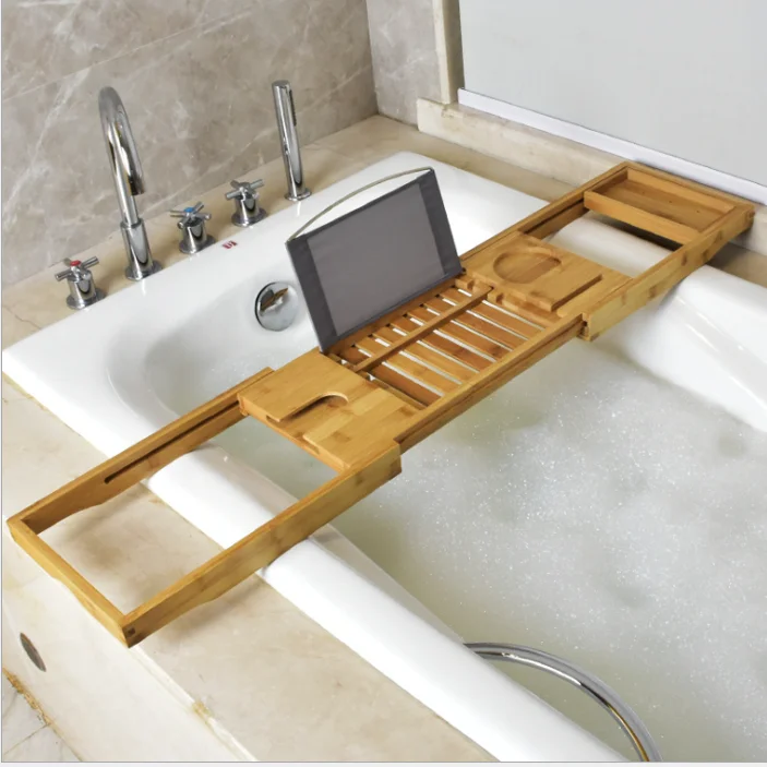 

Black Bamboo Bathtub Caddy Tray Waterproof Expandable Bath Table Over Tub, Natural bamboo color